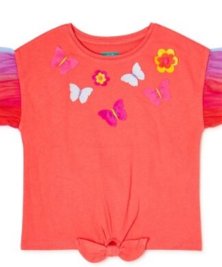 365 Kids Girls Tie Front Blouse Top With Mesh Sleeves - Orange