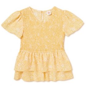 Wonder Nation Girls Smocked Tiered Babydoll Peplum  Blouse - Yellow