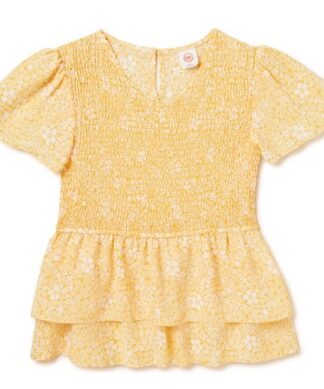 Wonder Nation Girls Smocked Tiered Babydoll Peplum  Blouse - Yellow