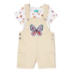 365 Kids Girls Printed T-Shirt & Butterfly Pinafore Overall Shortall