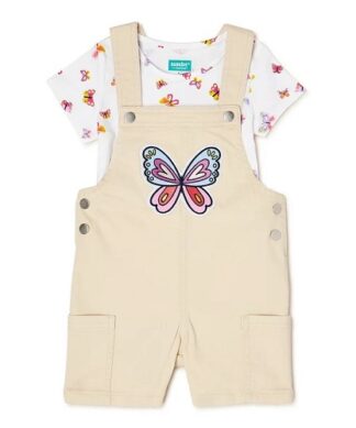 365 Kids Girls Printed T-Shirt & Butterfly Pinafore Overall Shortall