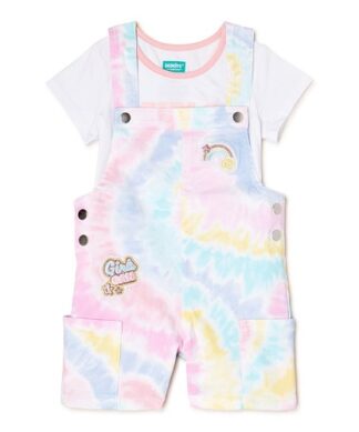 365 Kids Girls Printed T-Shirt & Butterfly Pinafore Overall Shortall - Tie Dye