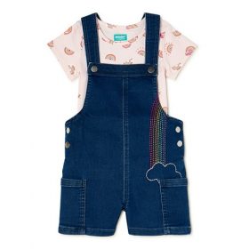 365 Kids Girls Printed T-Shirt & Indigo Pinafore Overall Shortall - Faux Denim