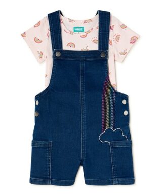 365 Kids Girls Printed T-Shirt & Indigo Pinafore Overall Shortall - Faux Denim