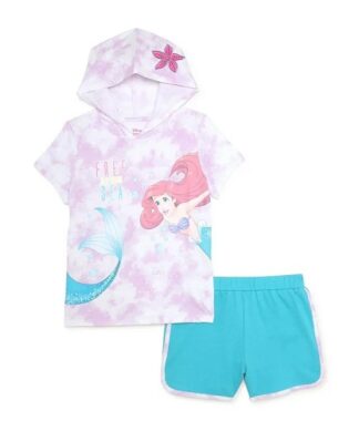 Disney Ariel Girls Hoodie T-Shirt & Shorts 2 Piece Outfit