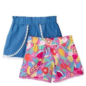 365 Kids Girls Pom Pom Woven Print & Chambray Shorts 2 Pack