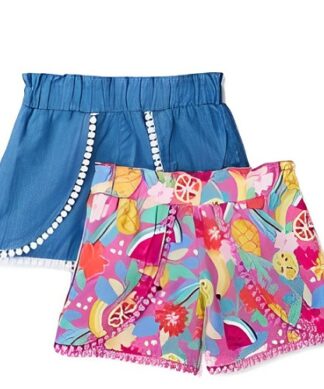 365 Kids Girls Pom Pom Woven Print & Chambray Shorts 2 Pack