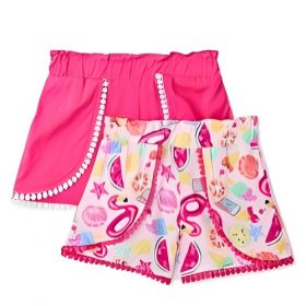 365 Kids Girls Pom Pom Woven Print & Chambray Shorts 2 Pack - Pink