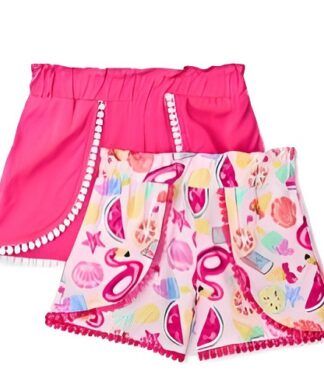 365 Kids Girls Pom Pom Woven Print & Chambray Shorts 2 Pack - Pink