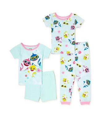 Pinkfong Baby Shark Toddler Girls T-shirt, Shorts, Pant Pyjamas Set- 4 Pcs
