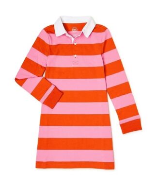 Wonder Nation Girls Long Sleeve Rugby Dress - Pink/Orange