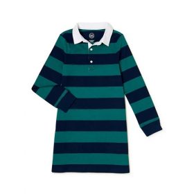 Wonder Nation Girls Long Sleeve Rugby Dress - Green/Navy Blue