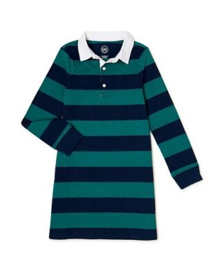 Wonder Nation Girls Long Sleeve Rugby Dress - Green/Navy Blue