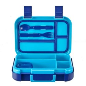 Your Zone Bento Lunch Box with 4 Compartments, 1 Fork, 1 Spoon, 1 Dressing Container, Blue