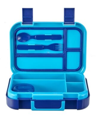 Your Zone Bento Lunch Box with 4 Compartments, 1 Fork, 1 Spoon, 1 Dressing Container, Blue