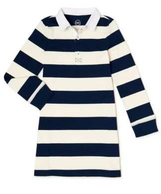 Wonder Nation Girls Long Sleeve Rugby Dress - Navy Blue/White