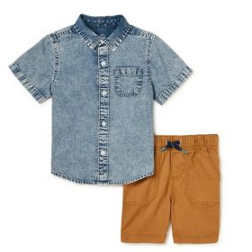 Wonder Nation Baby and Toddler Boys’ Button Shirt and Shorts Set - Chambray