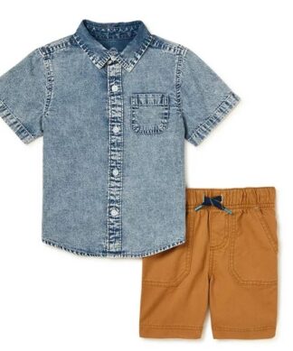 Wonder Nation Baby and Toddler Boys’ Button Shirt and Shorts Set - Chambray