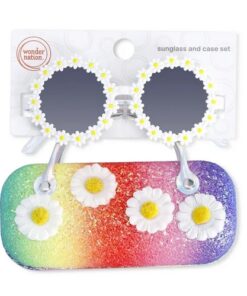 Wonder Nation Kids Round Daisy Sunglasses Rainbow Glitter With Carrying Purse
