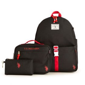 U.S Polo Assn Boys Water Resistant Backpack,  Lunch Bag & Pencil Case - Black