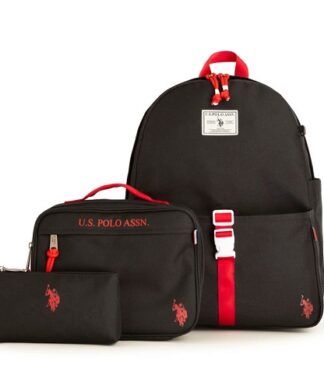 U.S Polo Assn Boys Water Resistant Backpack, Lunch Bag & Pencil Case - Black