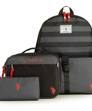 U.S Polo Assn Boys Water Resistant Backpack,  Lunch Bag & Pencil Case - Black Stripe
