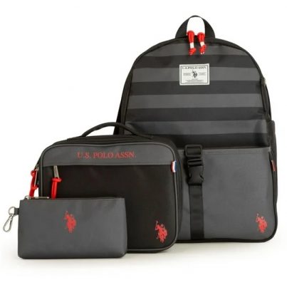U.S Polo Assn Boys Water Resistant Backpack, Lunch Bag & Pencil Case - Black Stripe