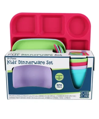 Your Zone 24 Piece Dinnerware Set For Kids -4 Trays, 4 Bowls, 4 Spoons. 4 Forks & 4 Cups
