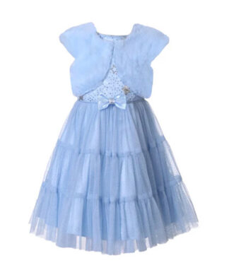 Jona Michelle Girls Sequin & Fur Jacket Special Occasion Party Ball Dress, Light Blue