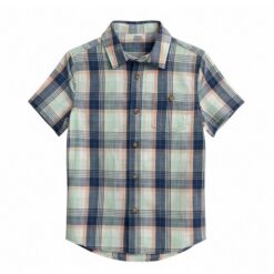 Falls Creek Boys Short Sleeve Button Down Plaid Woven Shirt - Blue Peach