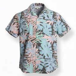 Colorful Planet Boys Woven Short Sleeve Button Down Shirt - Pink Blue Leaves