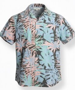 Colorful Planet Boys Woven Short Sleeve Button Down Shirt - Pink Blue Leaves