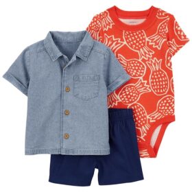 Carter's Baby Boys 3 Piece Chambray Shirt, Bodysuit & Shorts Set