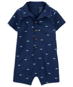 Carter's Child Of Mine Baby Boys Button Up Romper - Navy Blue Shark