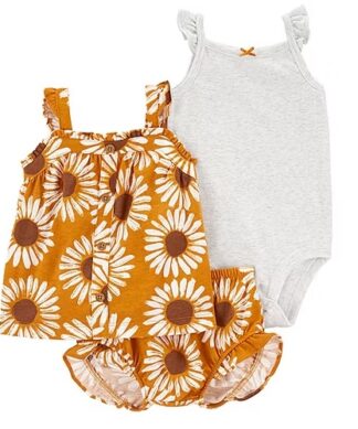 Carter's Baby Girls Sunflower 3 Pcs Bodysuit, Pant & Top Set