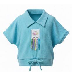 Trendy Girls Cuff Cropped Polo T-Shirt - Blue Top