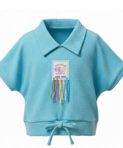 Trendy Girls Cuff Cropped Polo T-Shirt - Blue Top