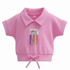 Trendy Girls Cuff Cropped Polo T-Shirt - Pink Top