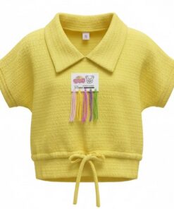 Trendy Girls Cuff Cropped Polo T-Shirt - Yellow Top