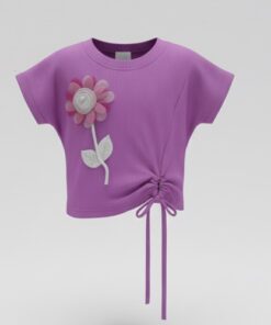 Trendy Girls Cinched Petal Cuff Cropped T-Shirt - Purple Top