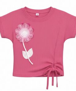 Trendy Girls Cinched Petal Cuff Cropped T-Shirt - Pink Top