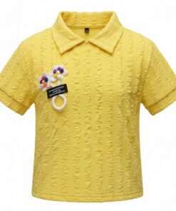 Trendy Girls Crinkled Cropped Polo T-shirt - Yellow Top
