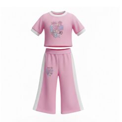 Trendy Girls 2 Piece Graphic Cropped T-Shirt & Wide Leg Pant Set - Pink