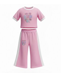 Trendy Girls 2 Piece Graphic Cropped T-Shirt & Wide Leg Pant Set - Pink