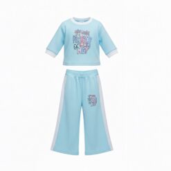 Trendy Girls 2 Piece Graphic Cropped T-Shirt & Wide Leg Pant Set - Blue
