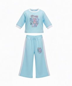 Trendy Girls 2 Piece Graphic Cropped T-Shirt & Wide Leg Pant Set - Blue