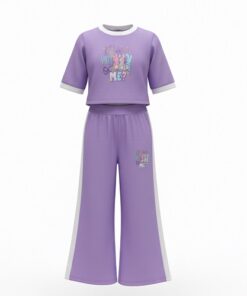 Trendy Girls 2 Piece Graphic Cropped T-Shirt & Wide Leg Pant Set - Purple
