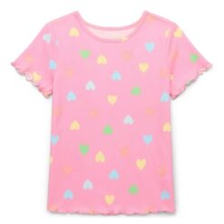 365 Kids By Garanimals Girls Everyday Lettuce Edge Tee With Short Sleeves - Pink Hearts