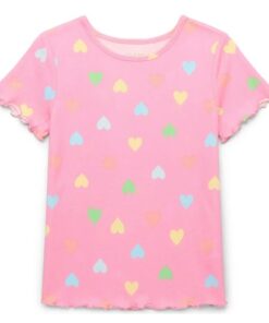 365 Kids By Garanimals Girls Everyday Lettuce Edge Tee With Short Sleeves - Pink Hearts