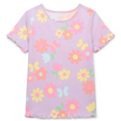 365 Kids By Garanimals Girls Everyday Lettuce Edge Tee With Short Sleeves - Purple Flowers
